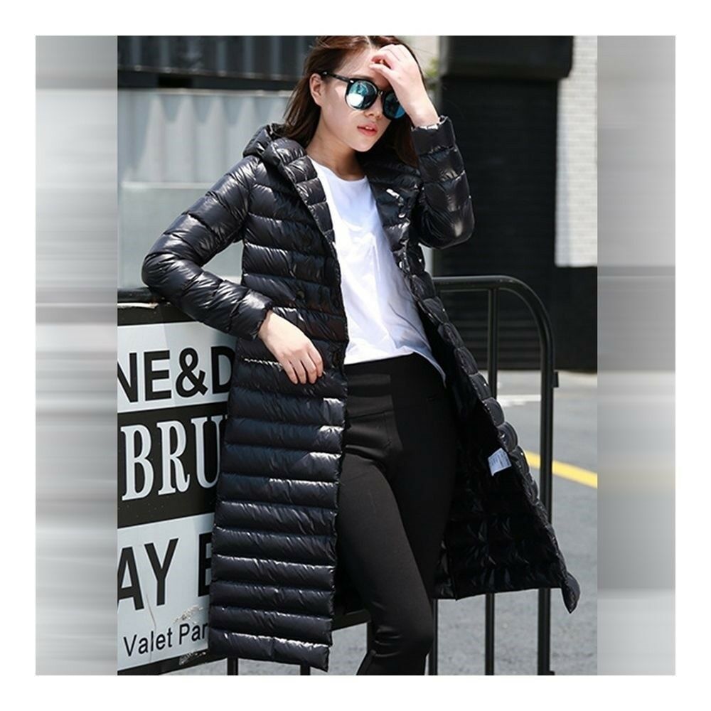 Hooded Thin Light Middle Long Down Coat Slim Woman    black