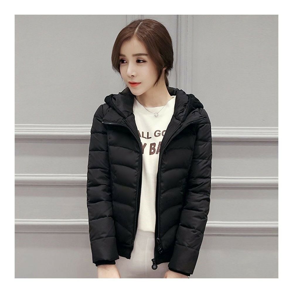 Hooded Down Coat Woman Slim Warm Screw Thread Chic   black