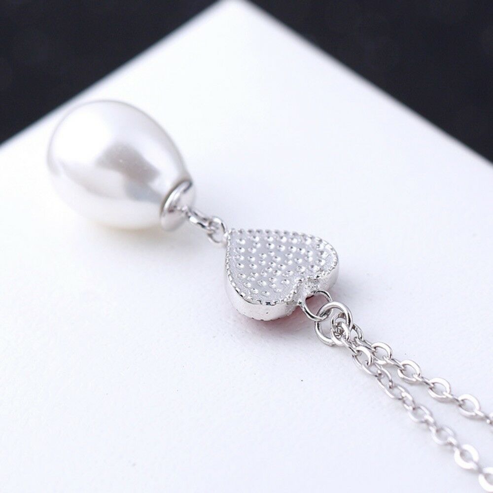Necklace Romantic Love Heart Hanging Pearl with Silver