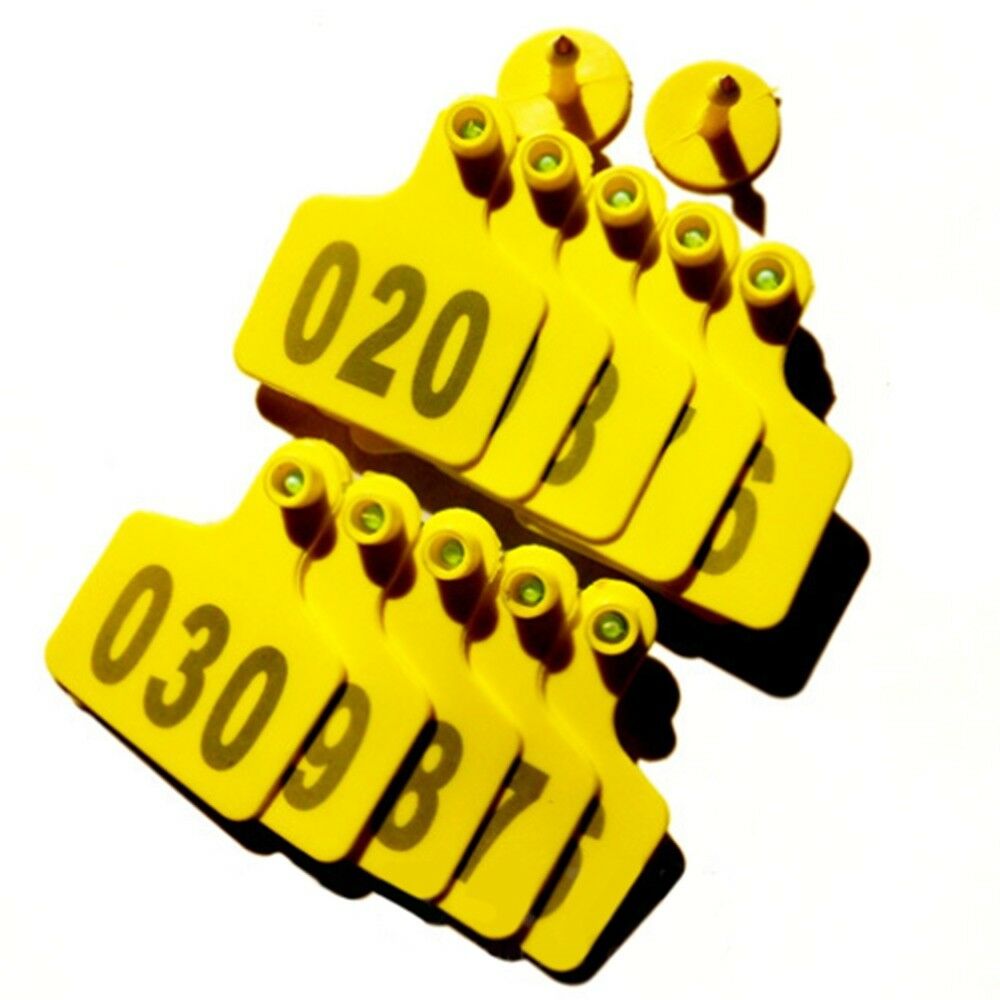 100pcs TPU Laser Curve Cattle Ear Tag Tagger Copper Head yellow with number