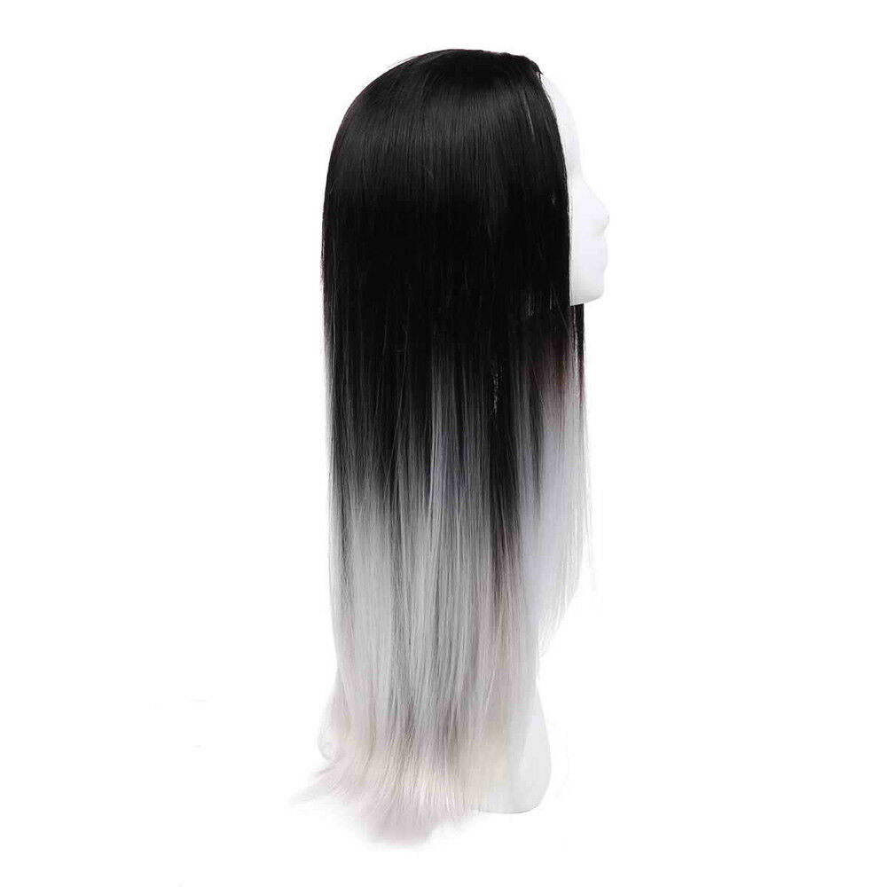 30" 75cm Long Gradient Ramp  Hair Cap Synthetic Wig Black and White Cosplay