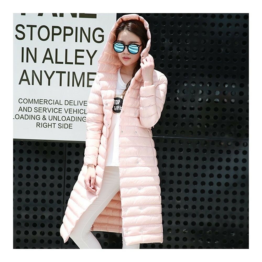 Hooded Thin Light Middle Long Down Coat Slim Woman    pink