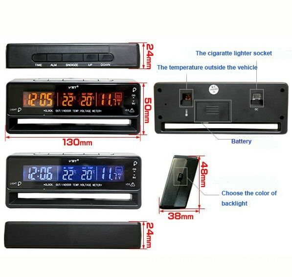 Automotive Thermometer  Voltage Meter Car Clock Thermoneter Ice alert