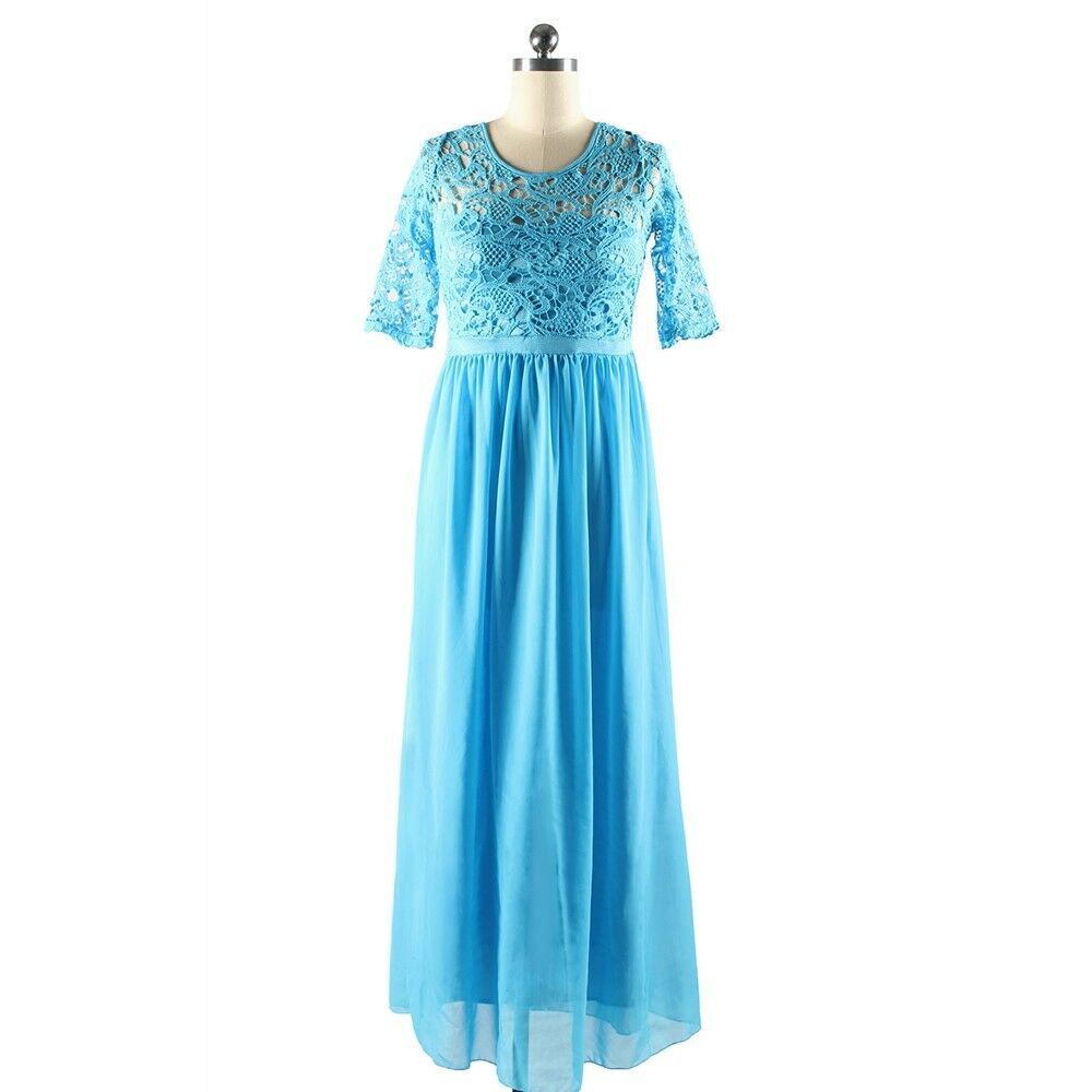 Lace Macrame Sexy Chiffon Full Dress   blue