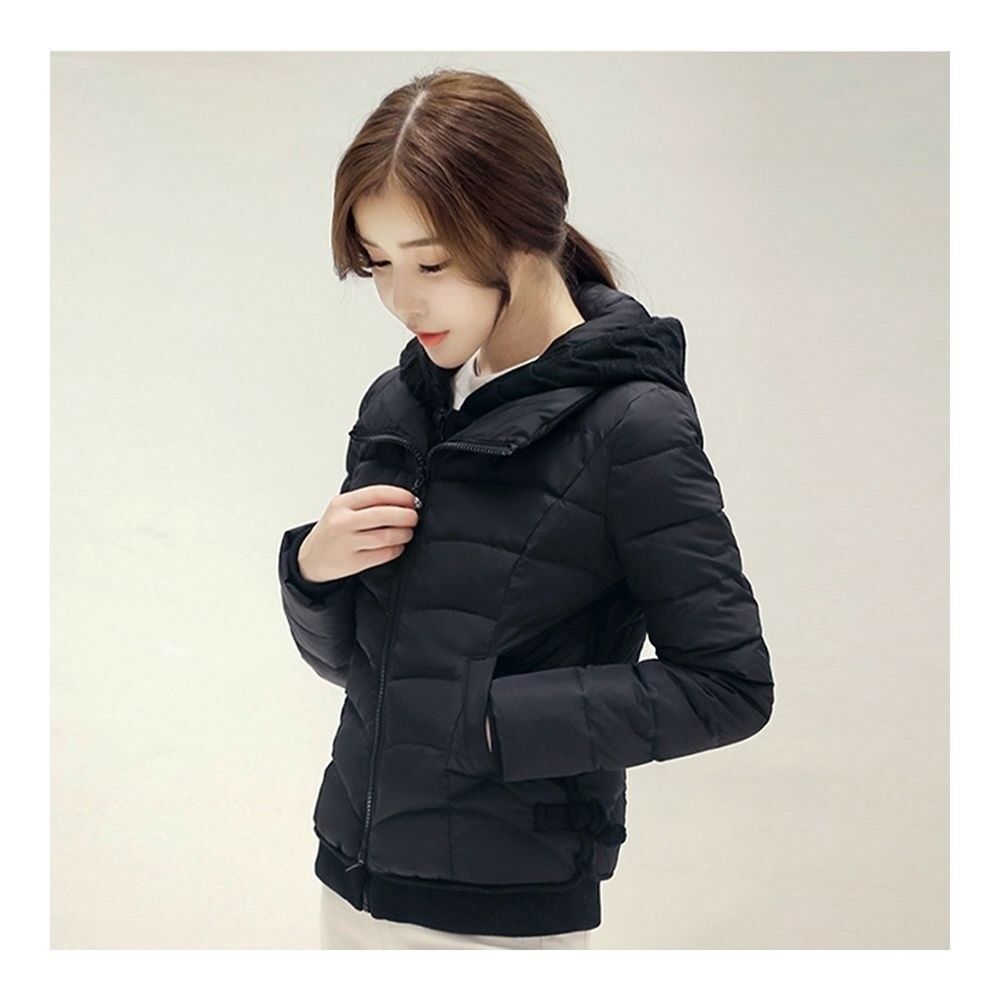 Hooded Down Coat Woman Slim Warm Screw Thread Chic   black