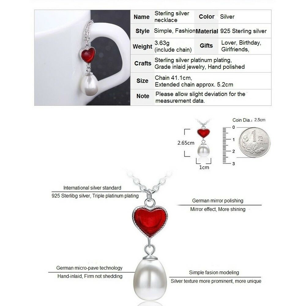 Necklace Romantic Love Heart Hanging Pearl with Silver