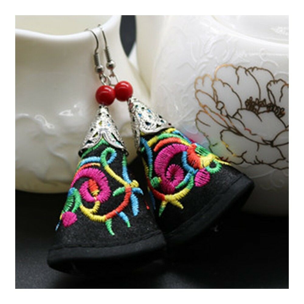 Cloth Embroidery Long Earrings Stylish   black