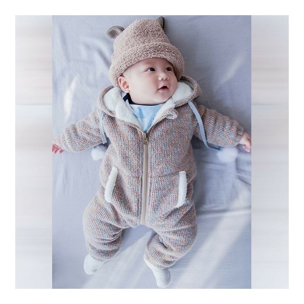 Infant Baby Boy Girl Thick Warm Rompers One-pieces Hat Ear 0-1-2 years old grey