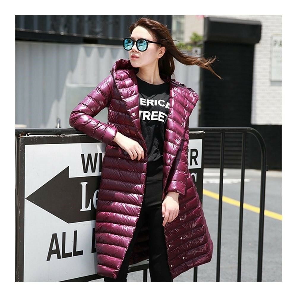 Hooded Thin Light Middle Long Down Coat Slim Woman   wine red