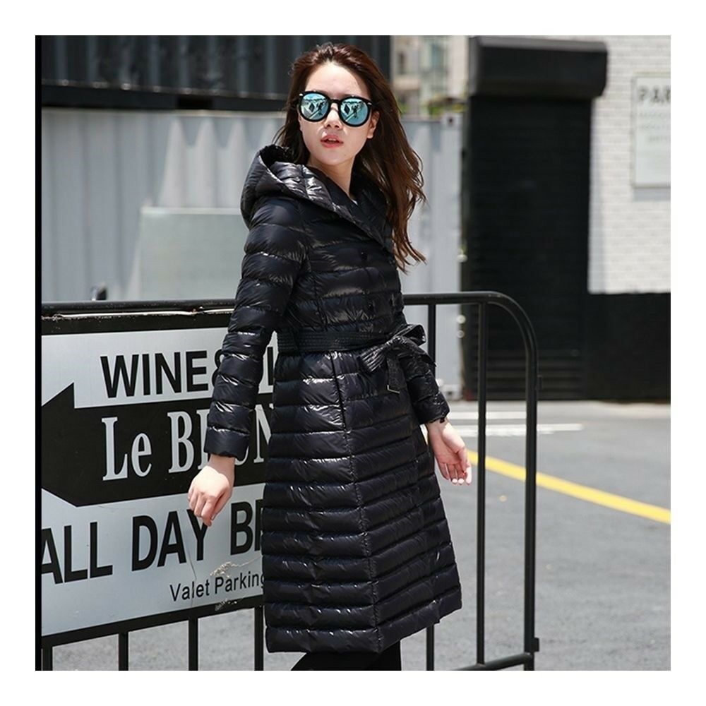 Hooded Thin Light Middle Long Down Coat Slim Woman    black