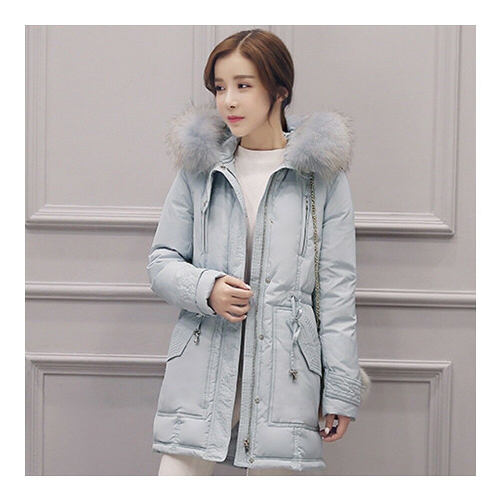 Hooded Middle Long Racoon Down Coat Woman Slim Warm   grey blue