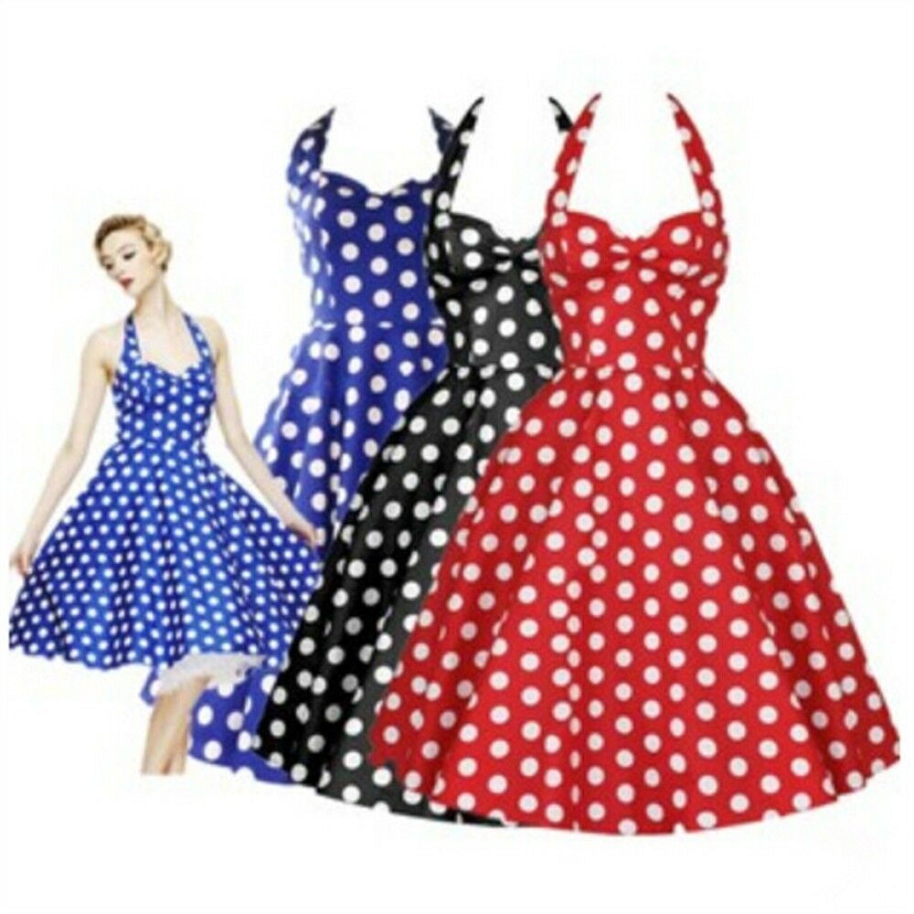 audrey hepburn halter dress Women's Vintage Sleeveless Polka Dot Audrey Hepburn Style Swing Dress 1950s Lace Up Halter Retro Cocktail Tea Party Dress