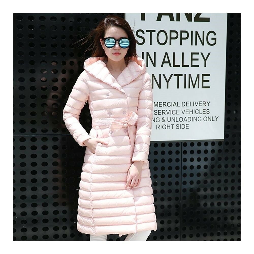 Hooded Thin Light Middle Long Down Coat Slim Woman    pink