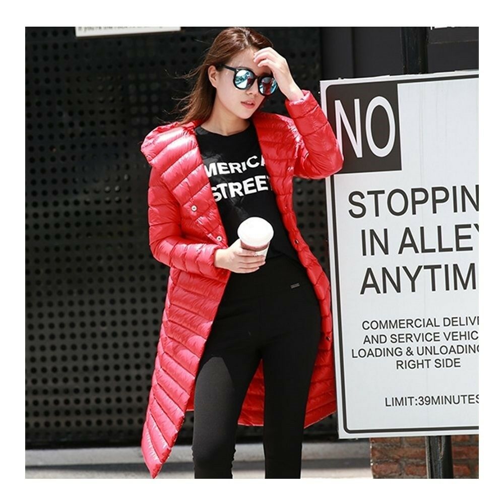 Hooded Thin Light Middle Long Down Coat Slim Woman   red