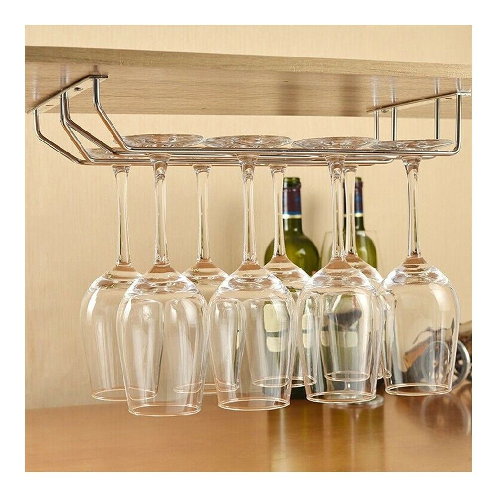 Stainless Steel + Iron Wine Glass Stand Hanging Beverage Holder with 2 row