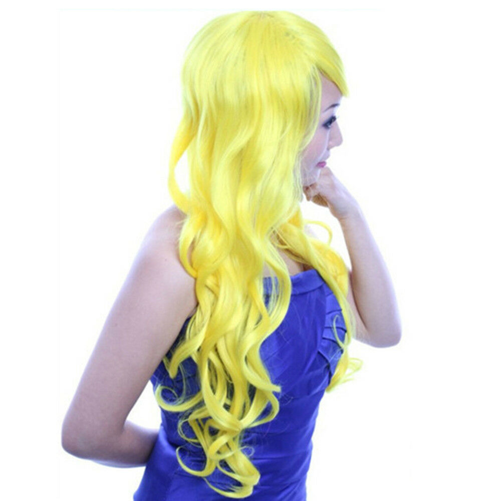 60cm Long Curly Front Lace Cosplay Party one piece Hair cap Wig Yellow