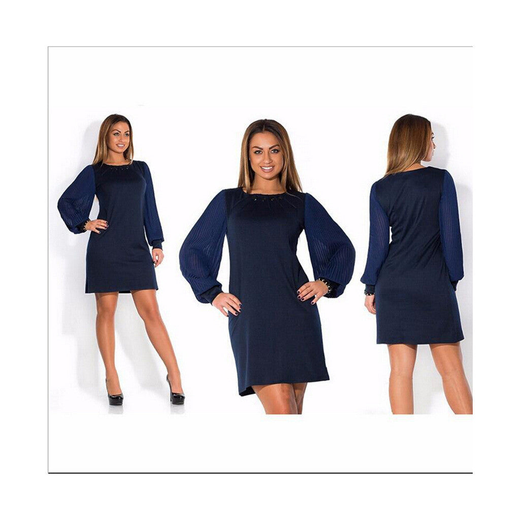 Spring Lantern Sleeve Pure Color Round Collar Dress Fat MM Big Size Woman Attire   gray - Mega Save Wholesale & Retail - 1