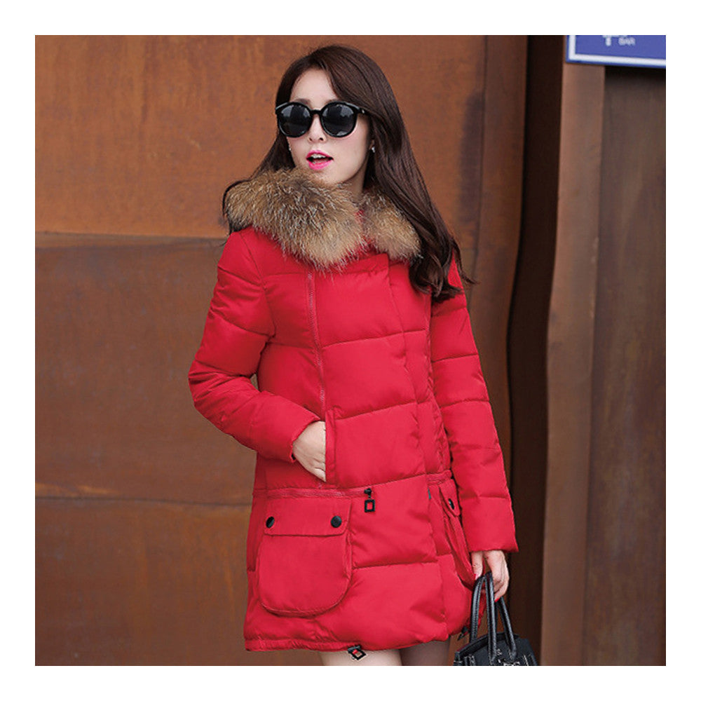 Winter Woman Fur Collar Down Coat Middle Long Warm   red   S - Mega Save Wholesale & Retail - 3