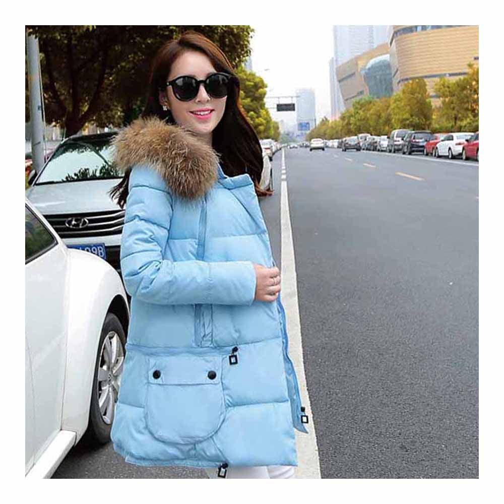 Winter Woman Fur Collar Down Coat Middle Long Warm   light blue   S - Mega Save Wholesale & Retail - 2