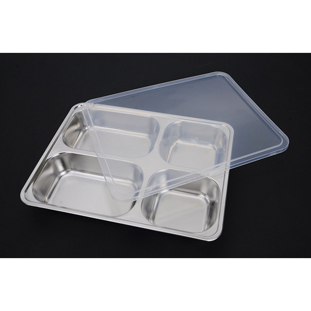 Deepen thick stainless steel plate snack square stainless steel sub-grid covered five grid fourfold rice dish lunch boxes free shipping 4 Grid + Plastic lid - Mega Save Wholesale & Retail
