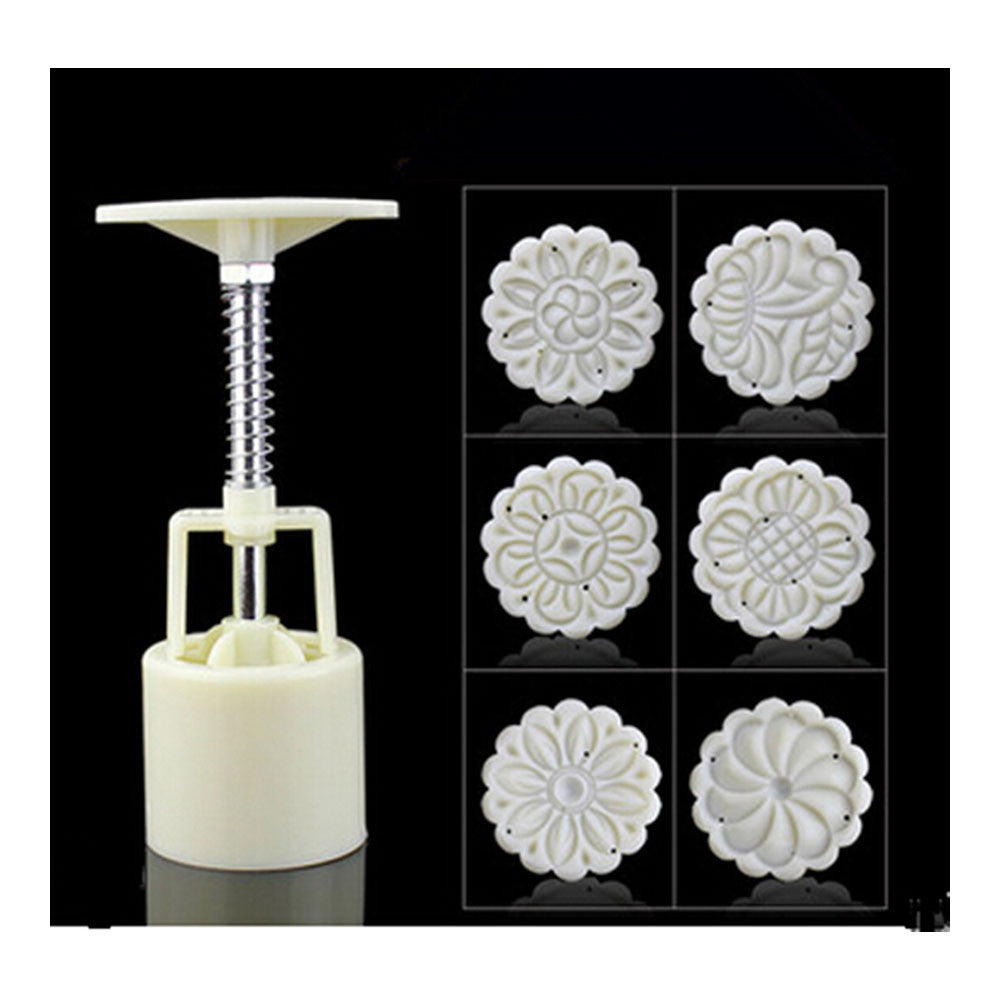 Round Shape Moon Cake Pastry Mold Hand Pressure 50g One Barrel 6 Flower piece baking mold for Mid-Autumn - Mega Save Wholesale & Retail
