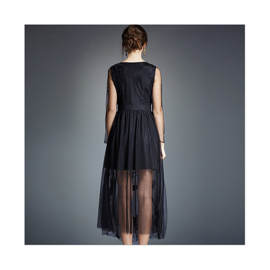 Spring Gauze Dress Delicate Embroidery Long Skirt 5289  black - Mega Save Wholesale & Retail - 2