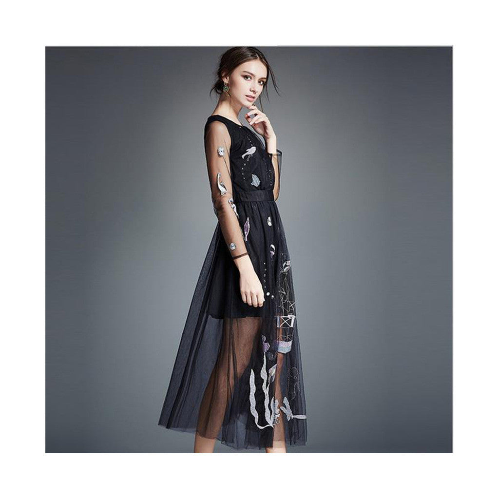 Spring Gauze Dress Delicate Embroidery Long Skirt 5289  black - Mega Save Wholesale & Retail - 3