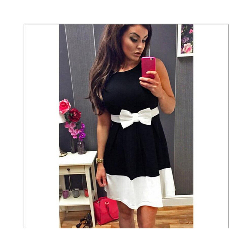 Spring Summer Round Color Sleeveless Contrast Color Splicing Waisted Slim Dress L78813  black - Mega Save Wholesale & Retail - 1