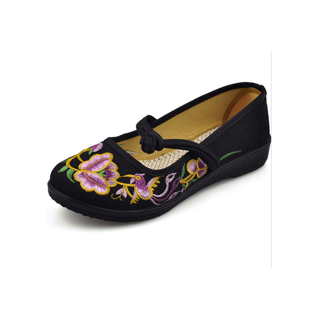 Vintage Chinese Embroidered Ballerina Mary Jane Flat Ballet Cotton Loafer for Women in Black Floral Design - Mega Save Wholesale & Retail - 3