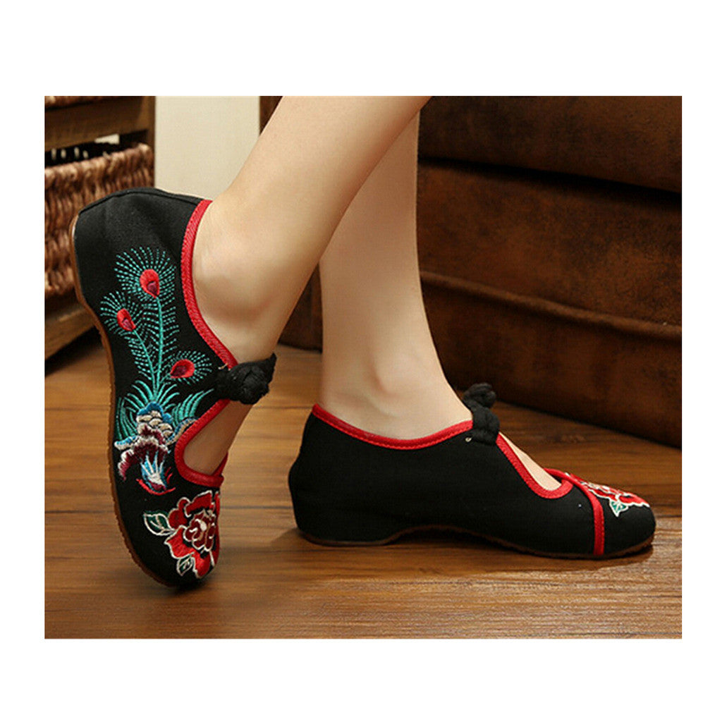 Vintage Chinese Embroidered Floral Shoes Women Ballerina Mary Jane Flat Ballet Cotton Loafer Black - Mega Save Wholesale & Retail - 1