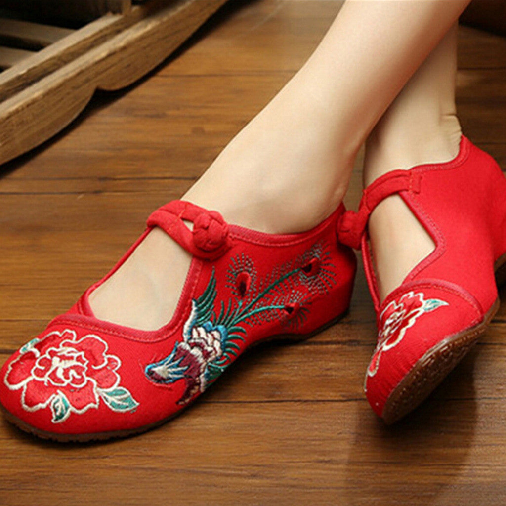 Vintage Chinese Embroidered Floral Shoes Women Ballerina Mary Jane Flat Ballet Cotton Loafer Red - Mega Save Wholesale & Retail - 2