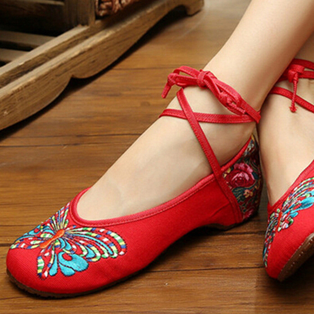 Vintage Chinese Embroidered Floral Shoes Women Ballerina Mary Jane Flat Ballet Cotton Loafer Red - Mega Save Wholesale & Retail - 3