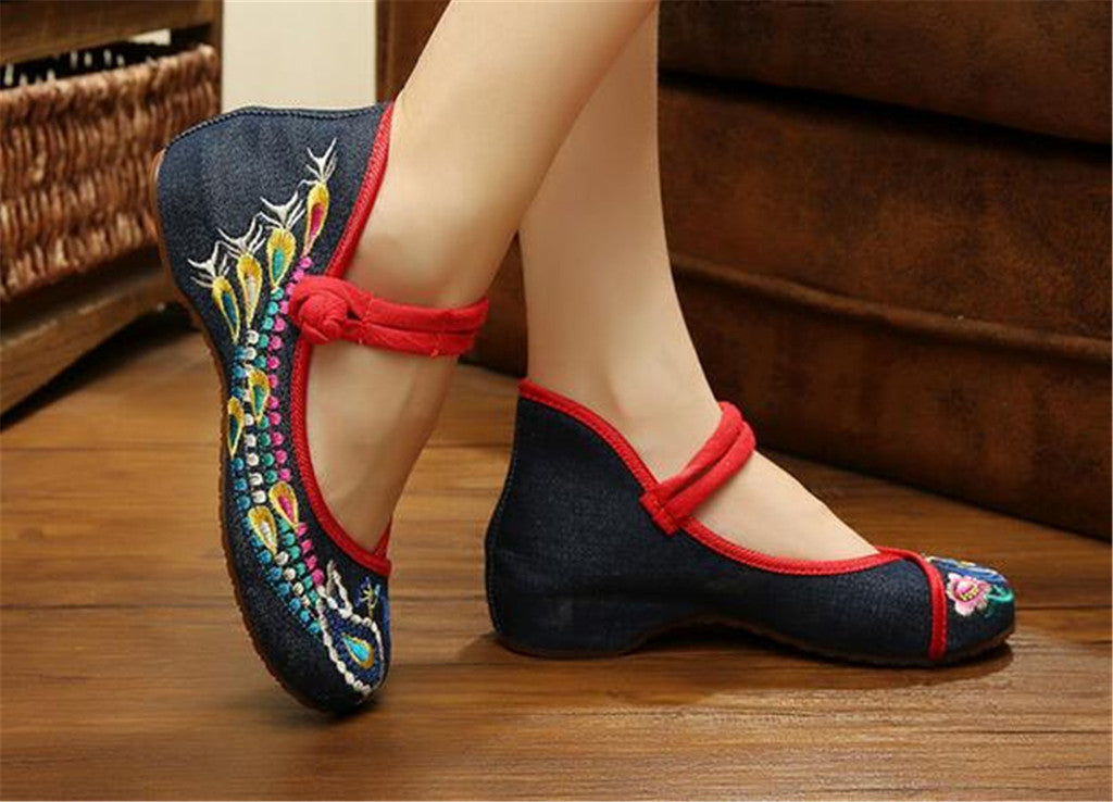 Chinese Embroidered Floral Shoes Women Ballerina Mary Jane Flat Ballet Cotton Loafer Blue - Mega Save Wholesale & Retail - 5