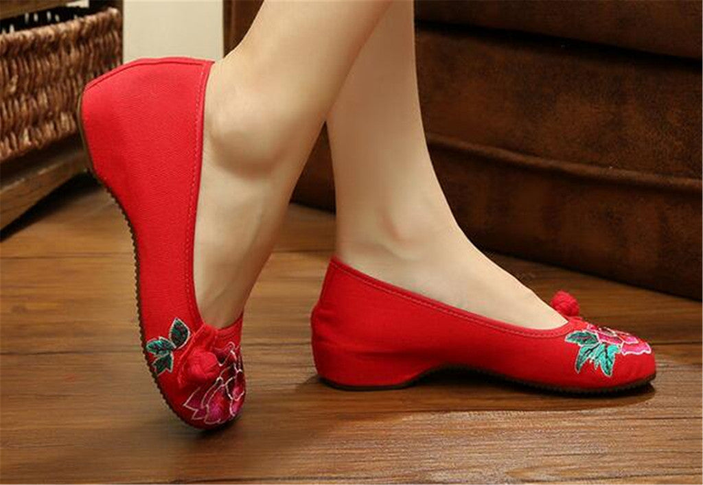 Chinese Embroidered Floral Shoes Women Ballerina Mary Jane Flat Ballet Cotton Loafer Red - Mega Save Wholesale & Retail - 4