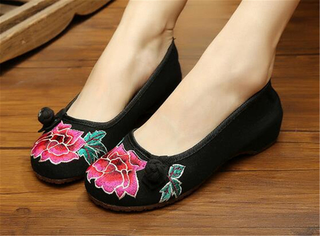 Chinese Embroidered Floral Shoes Women Ballerina Mary Jane Flat Ballet Cotton Loafer Black - Mega Save Wholesale & Retail - 4