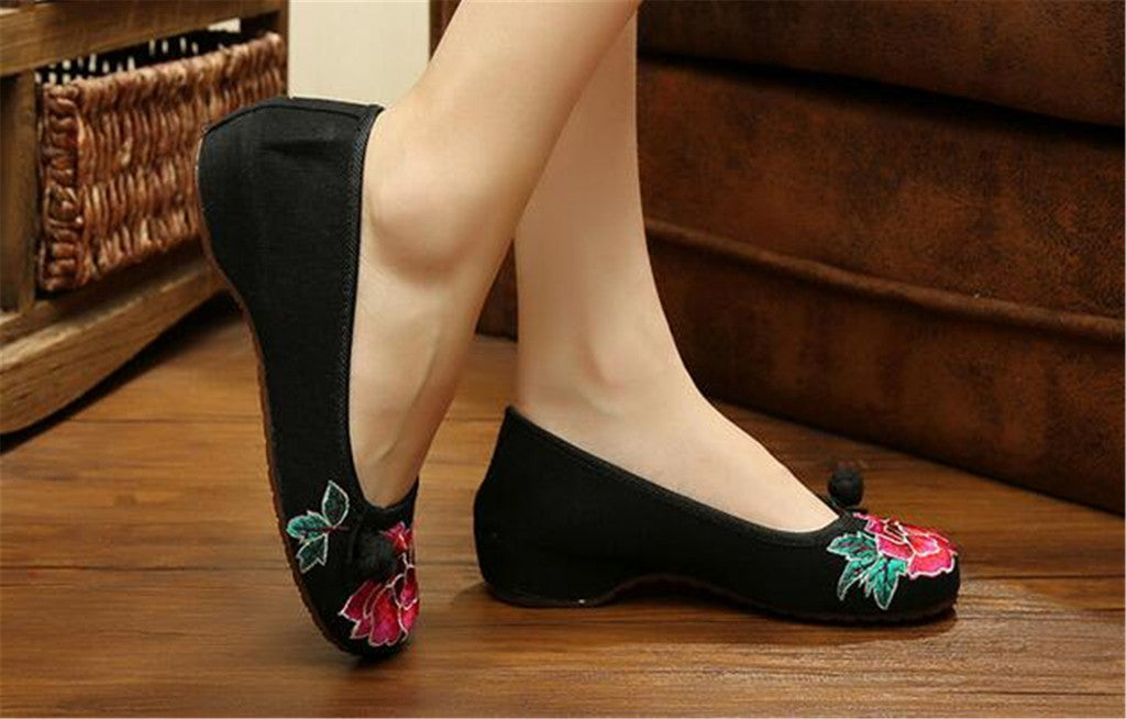 Chinese Embroidered Floral Shoes Women Ballerina Mary Jane Flat Ballet Cotton Loafer Black - Mega Save Wholesale & Retail - 3