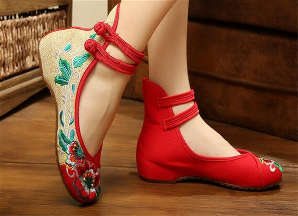 Chinese Embroidered Floral Shoes Women Ballerina Mary Jane Flat Ballet Cotton Loafer Red - Mega Save Wholesale & Retail - 2
