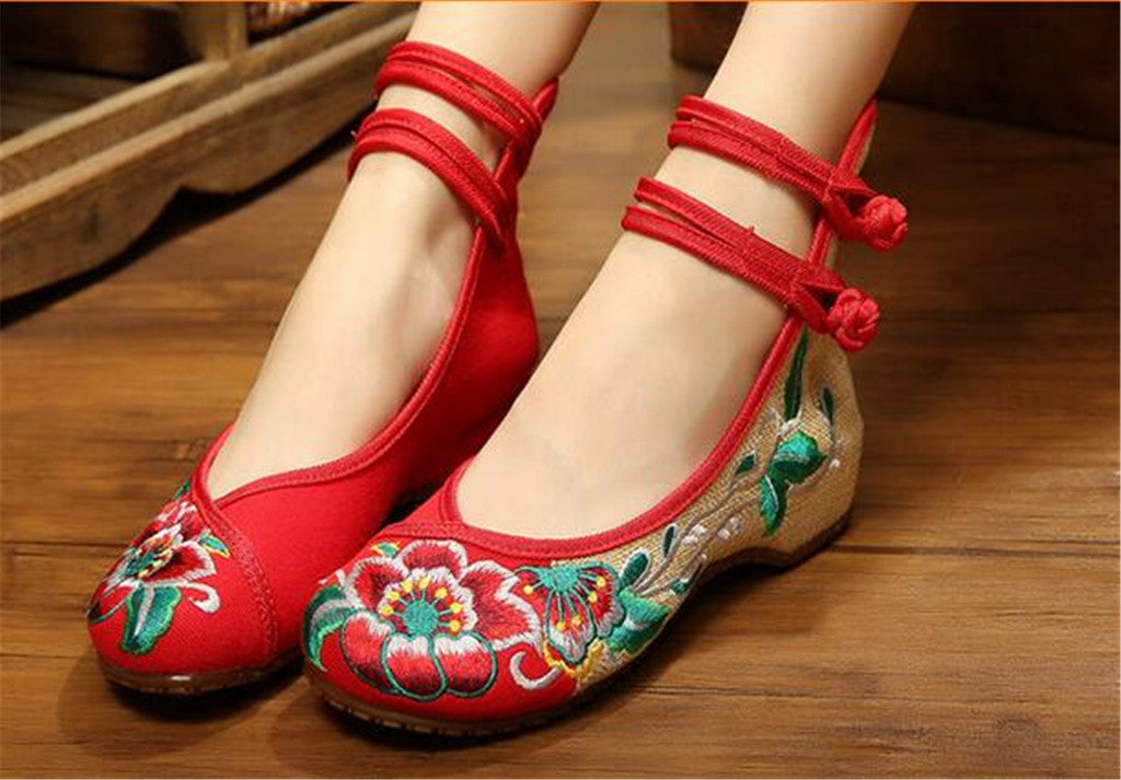 Chinese Embroidered Floral Shoes Women Ballerina Mary Jane Flat Ballet Cotton Loafer Red - Mega Save Wholesale & Retail - 4