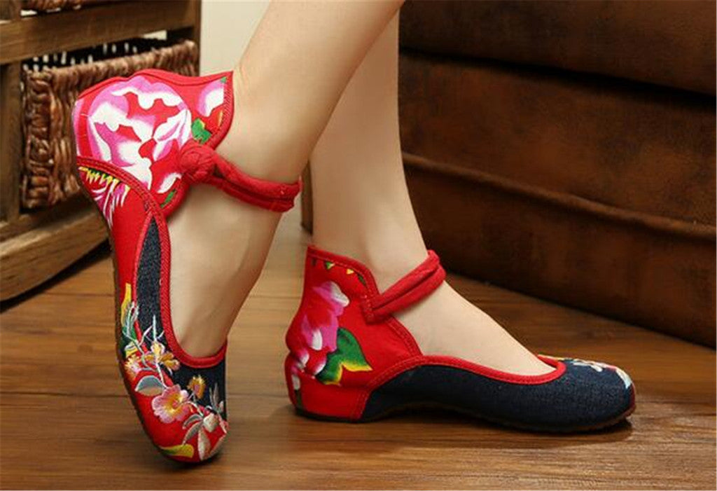 Mary Jane Chinese Embroidered Flat Ballet Ballerina Ladies Black Leather Loafers in Cotton Blue Floral Design - Mega Save Wholesale & Retail - 2
