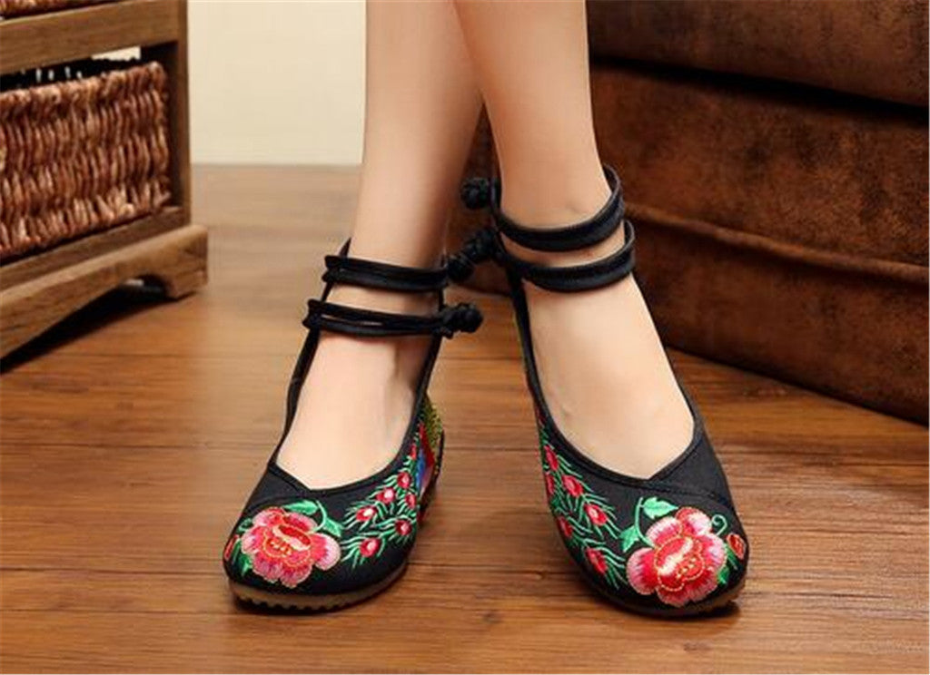 Chinese Embroidered Shoes Women Ballerina  Cotton Elevator shoes Double Pankou Black - Mega Save Wholesale & Retail - 3