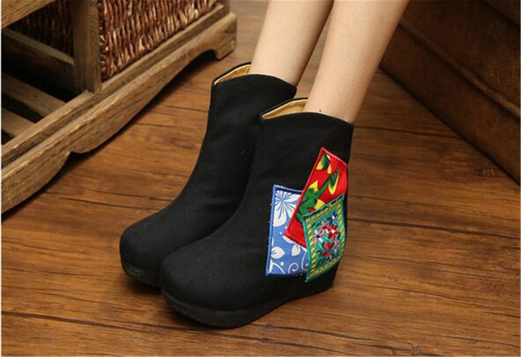 Chinese Embroidered Shoes women's singles boots national wind Elevator shoes Tall Boots Black - Mega Save Wholesale & Retail - 4