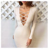 Women Sexy Lace Up Long Sleeve Bandage Club Bodycon Party Cocktail Pencil Dress White - Mega Save Wholesale & Retail - 2