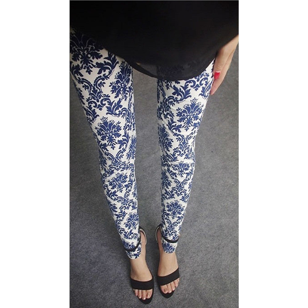 Womens sexy leggings Stretchy fit skin pants trousers Chinese traditional ink Pattern White blue and white - Mega Save Wholesale & Retail