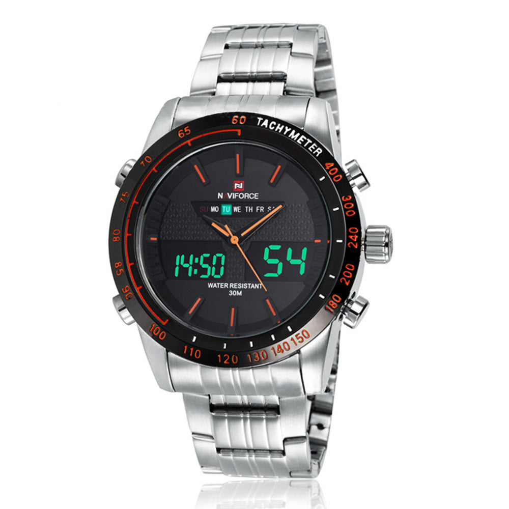 Naviforce Men Waterproof Sports Casual Watch LED Dual Dispkay Quartz     white shell black surface orange scale - Mega Save Wholesale & Retail - 1