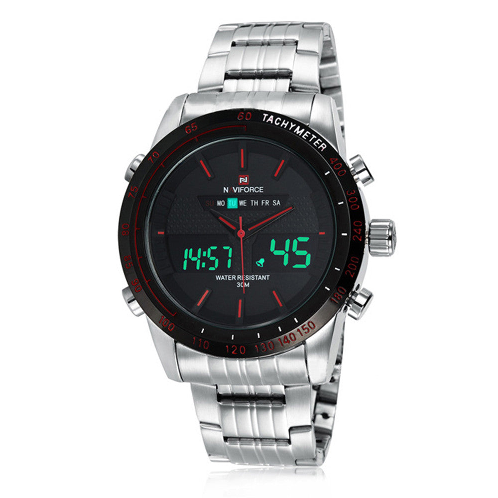 Naviforce Men Waterproof Sports Casual Watch LED Dual Dispkay Quartz    white shell black surface red scale - Mega Save Wholesale & Retail - 1