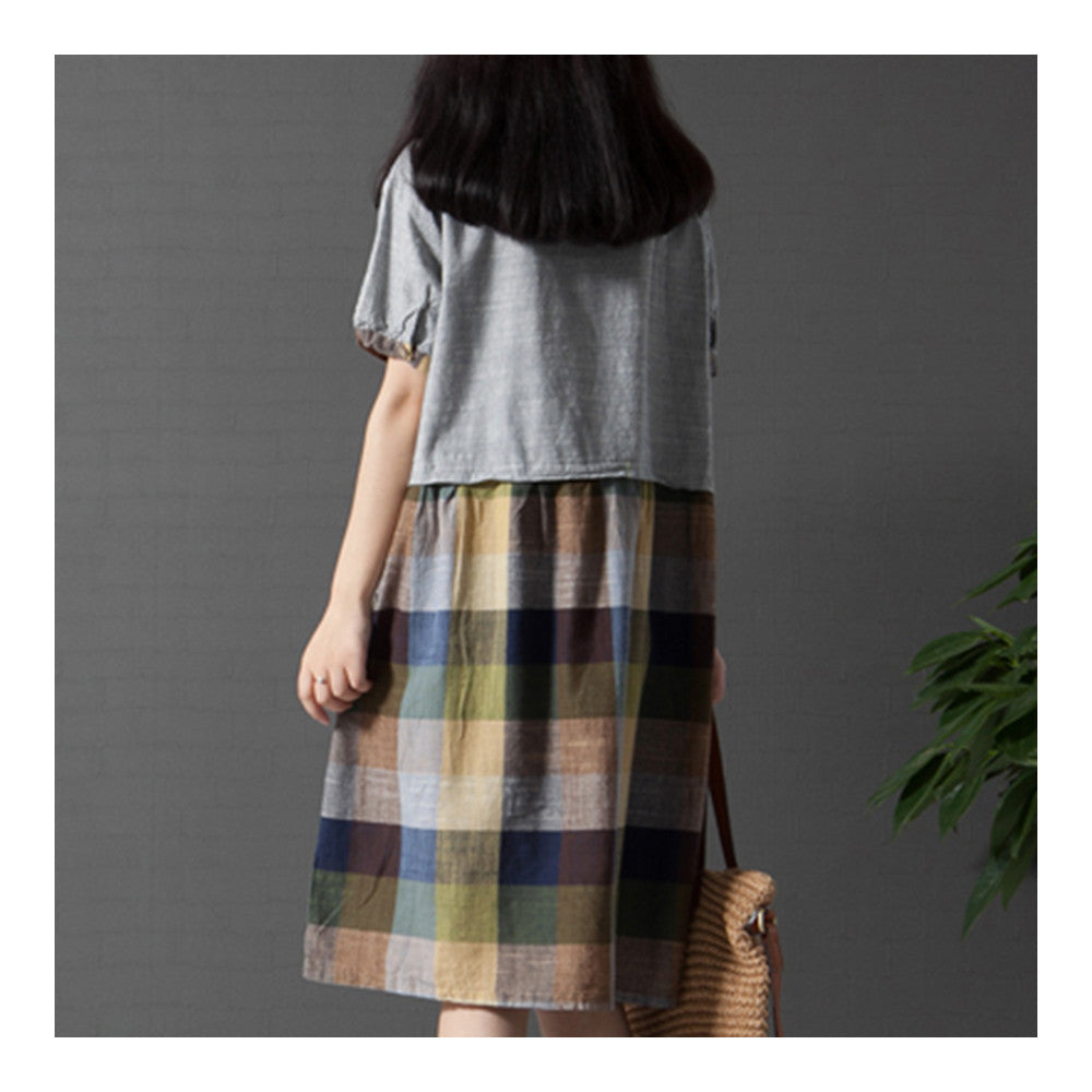 Summer Loose Plus Size Checks Middle Long Dress    green    M - Mega Save Wholesale & Retail - 3