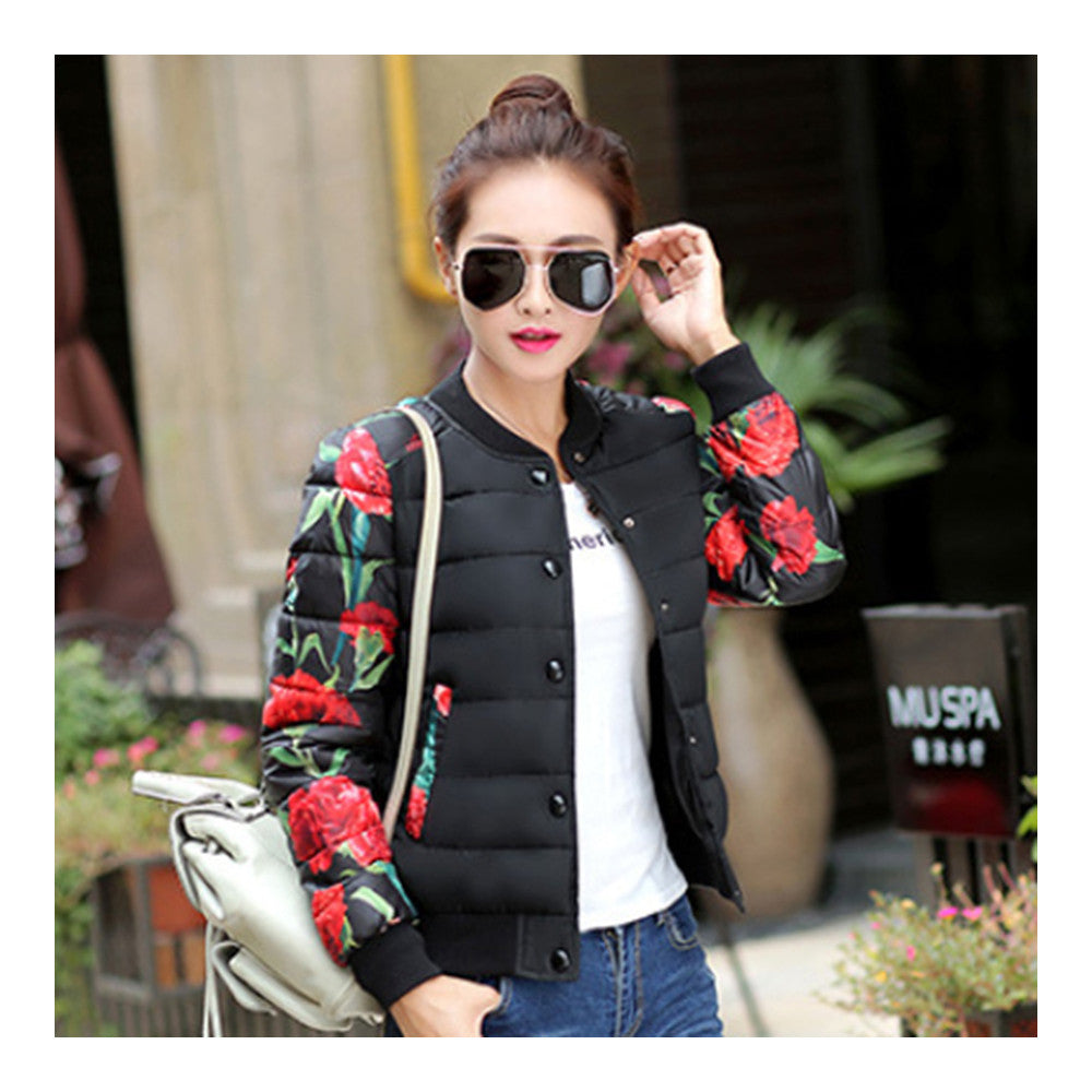 Printing Down Coat Warm Slim Woman Short   black big flower   L - Mega Save Wholesale & Retail - 2