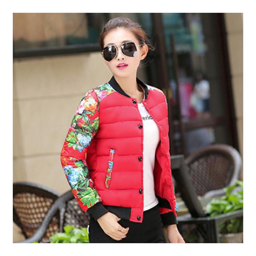 Printing Down Coat Warm Slim Woman Short   red big flower   L - Mega Save Wholesale & Retail - 2