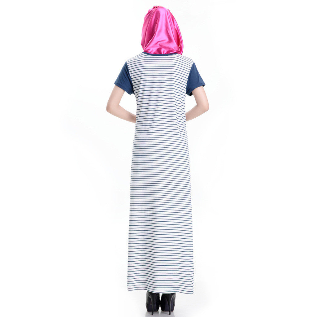 Muslim Women Garments Short Sleeve Robe Stripe Dress  blue   S - Mega Save Wholesale & Retail - 3