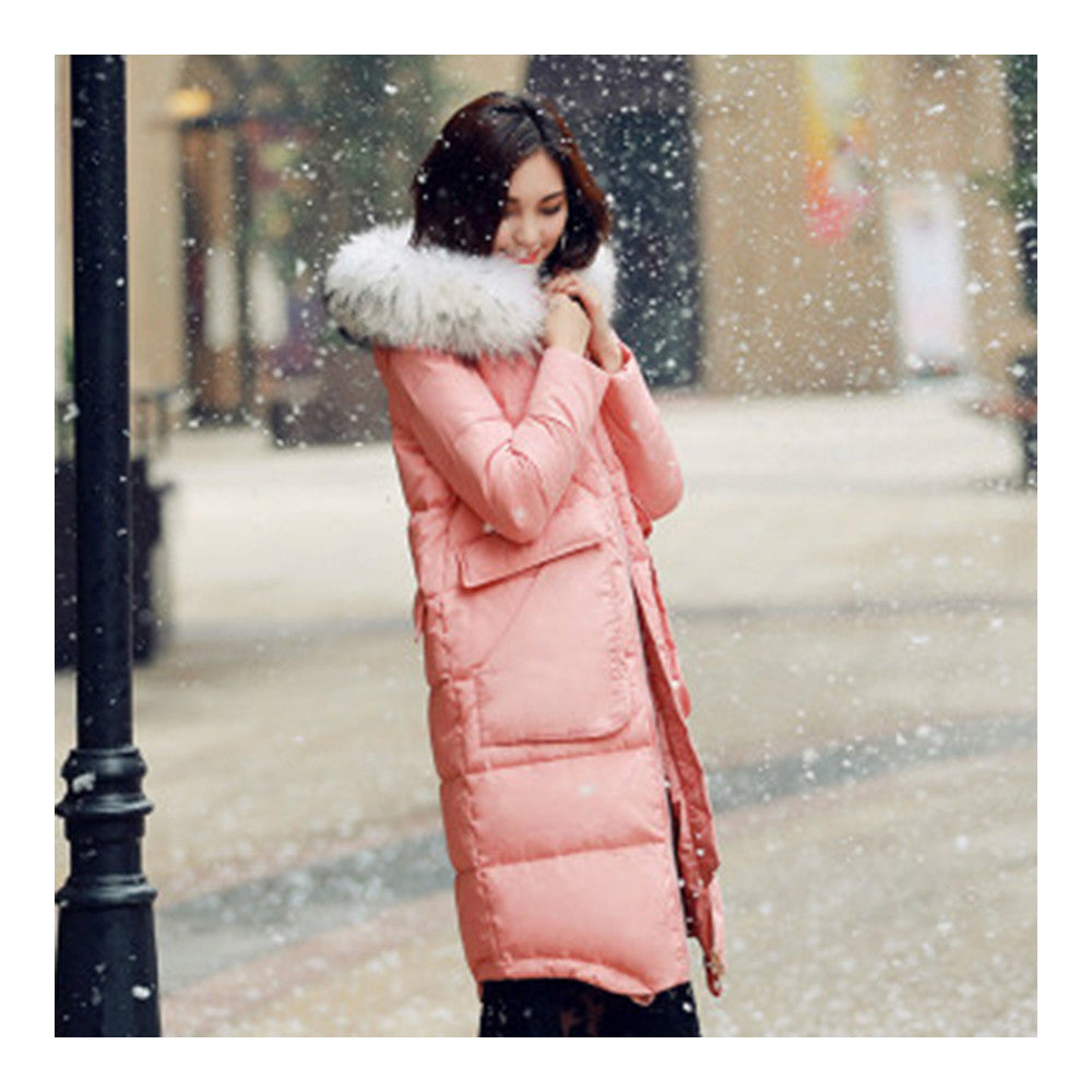 Winter Woman Fur Collar Thick Casual Middle Long Down Coat   pink   S - Mega Save Wholesale & Retail - 2